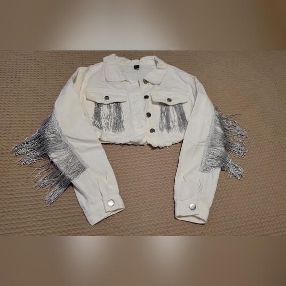 White and Silver Fringe Cropped Denim Jacket - Picture 3 of 11